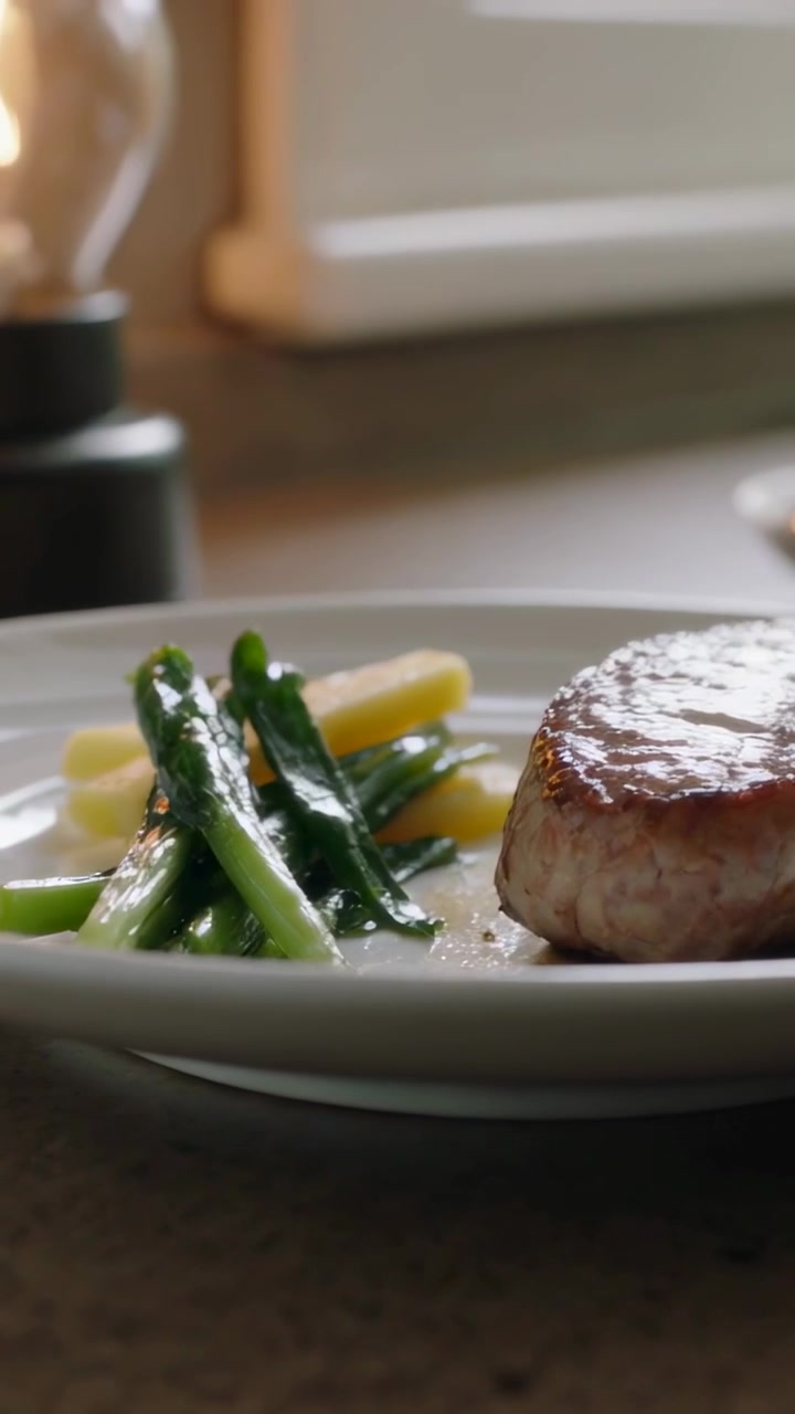 Vertical video: Plating at counter, cook stacking veg and spooning steak on white plate to serve