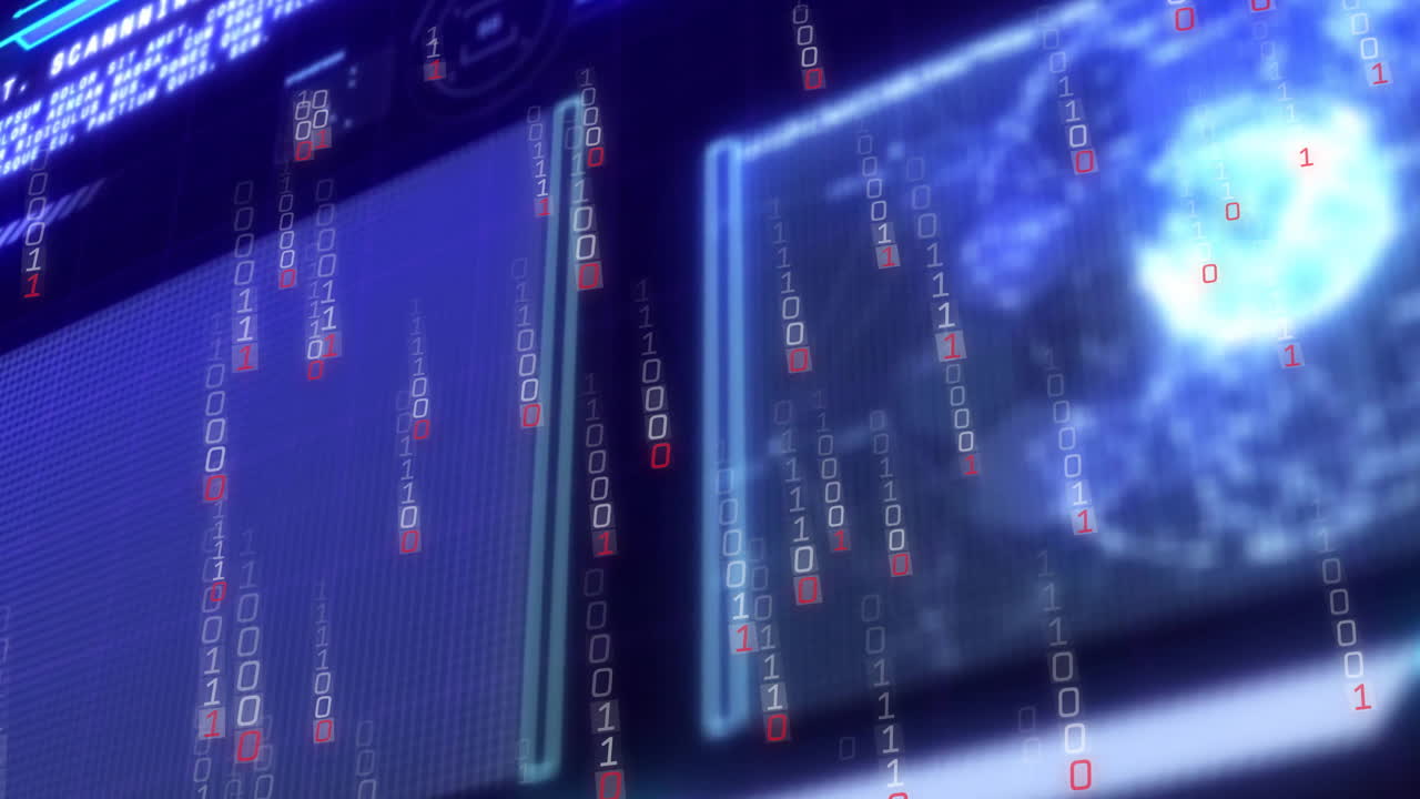 Binary code and data charts animation over digital screens