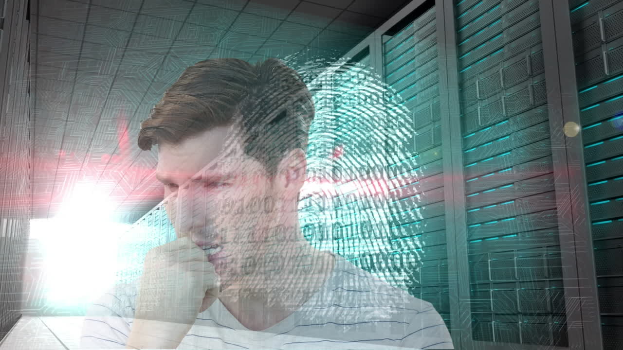animación del procesamiento de datos con huellas dactilares biométricas sobre servidores de empresarios y computadoras