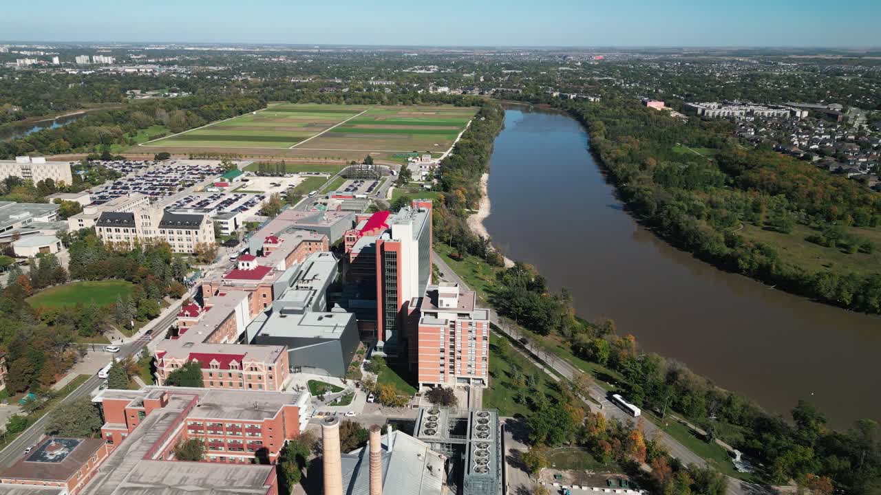 Aerial Drone Cinematic View of Pembina Hall Residence at University of Manitoba in Fall