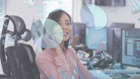 Animation-of-statistics-over-woman-using-phone-headset-working-in-an-office