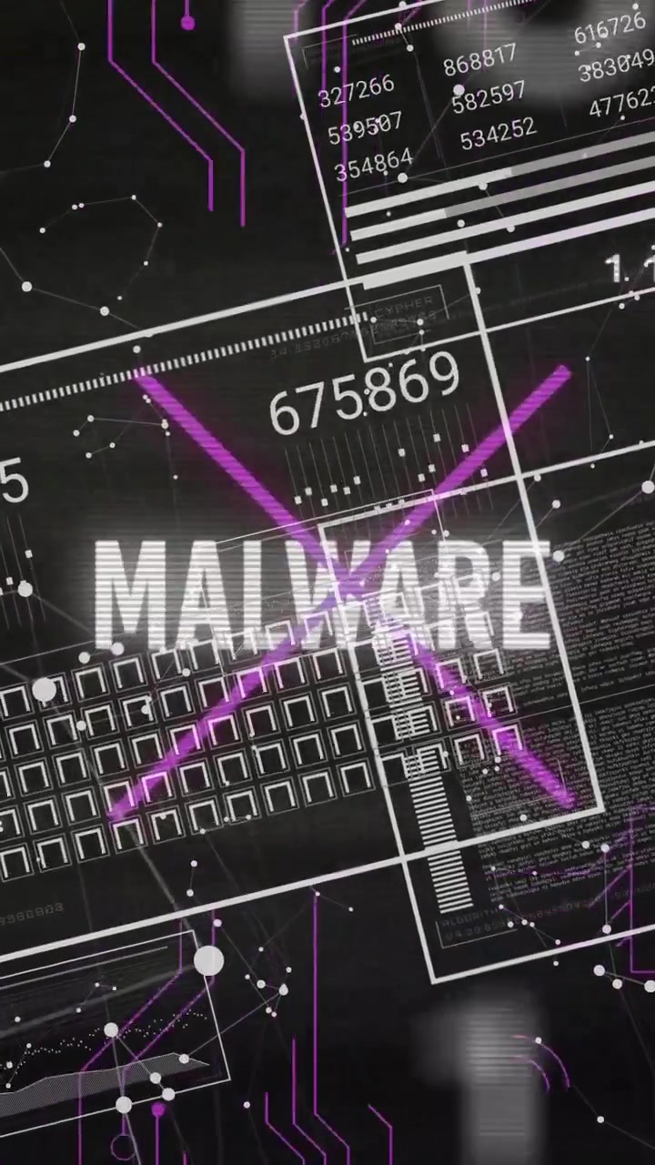 Vertikal video: MALWARE afsløres ved opstart, paneler forskydes og tællere opdateres til detektion.