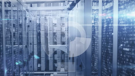 animation of scope scanning and data processing over tech room with computer servers