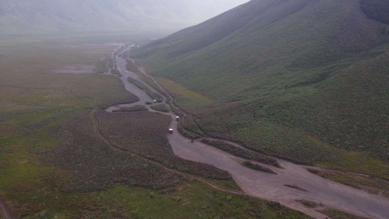 широкий снимок дороги, которая пересекает луг в национальном парке бромо тенггер семеру, с воздуха