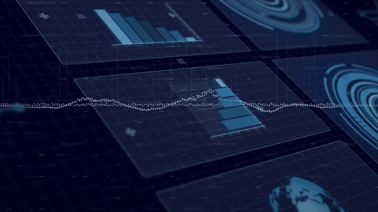 L-shaped line appearing, paired panels filling with bars while waveform scrolling, monitoring data