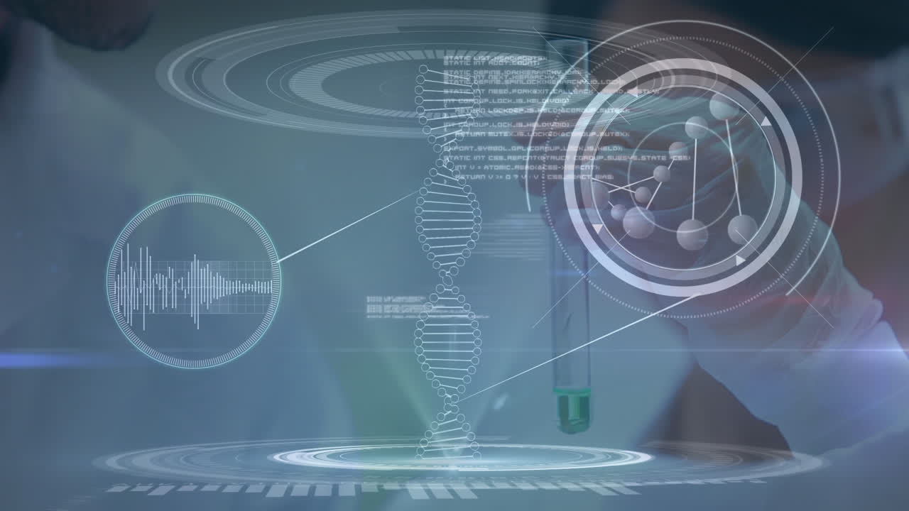 Animation of dna strand spinning and data processing over female scientist holding test tube