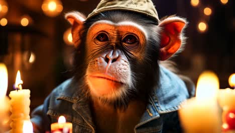 a monkey wearing a hat sitting in front of a table with candles