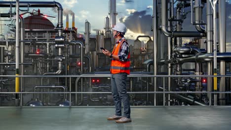full body side view of asian male engineer with safety helmet using smartphone and looking around while standing in a refinery, oil processing equipment and machinery