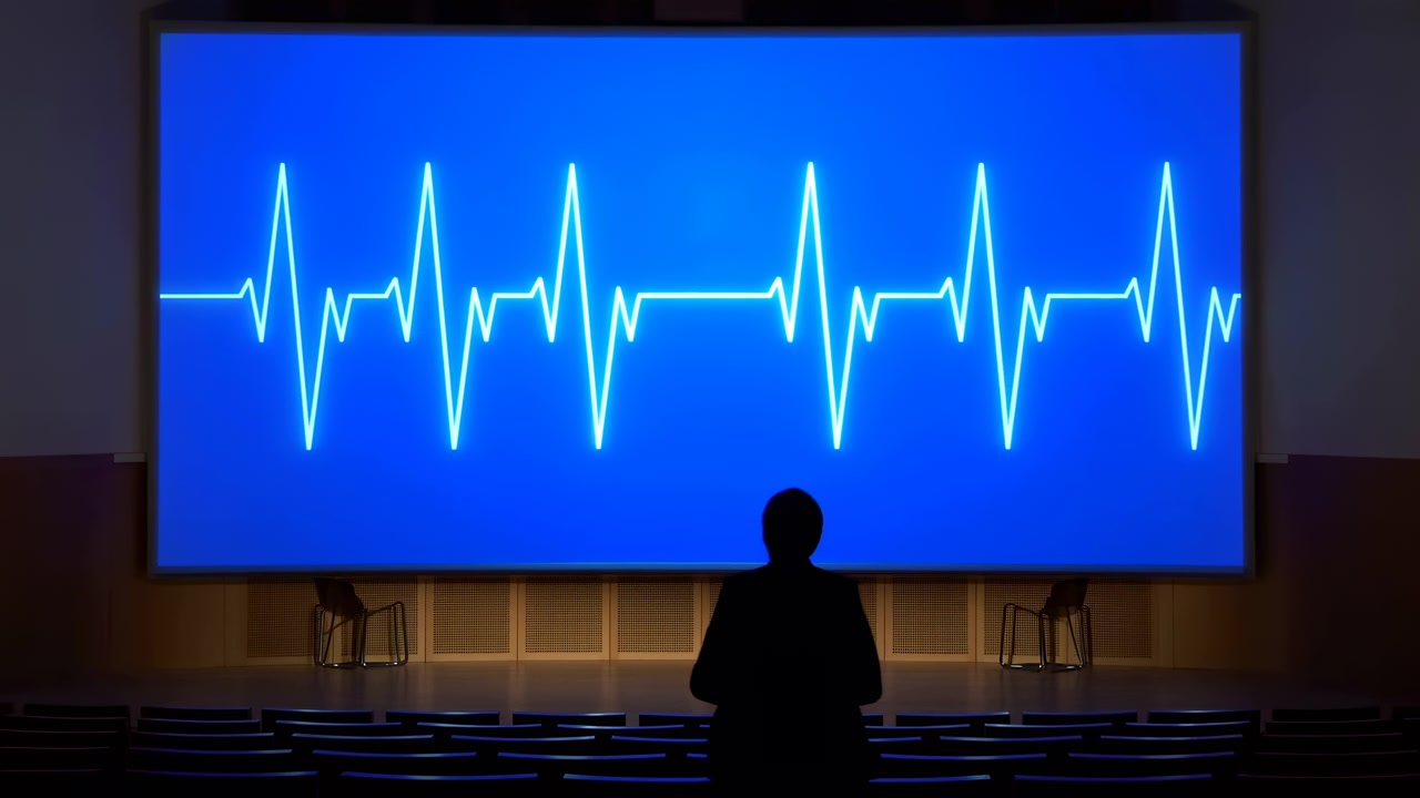 Sagome di persone ferme in fila su un palco con pavimento texturizzato, con grandi schermi che mostrano schemi di battito cardiaco e testo, durante un evento, una conferenza o una presentazione. Questa inquadratura.