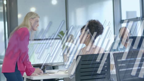 animation of financial data processing over diverse business people in office