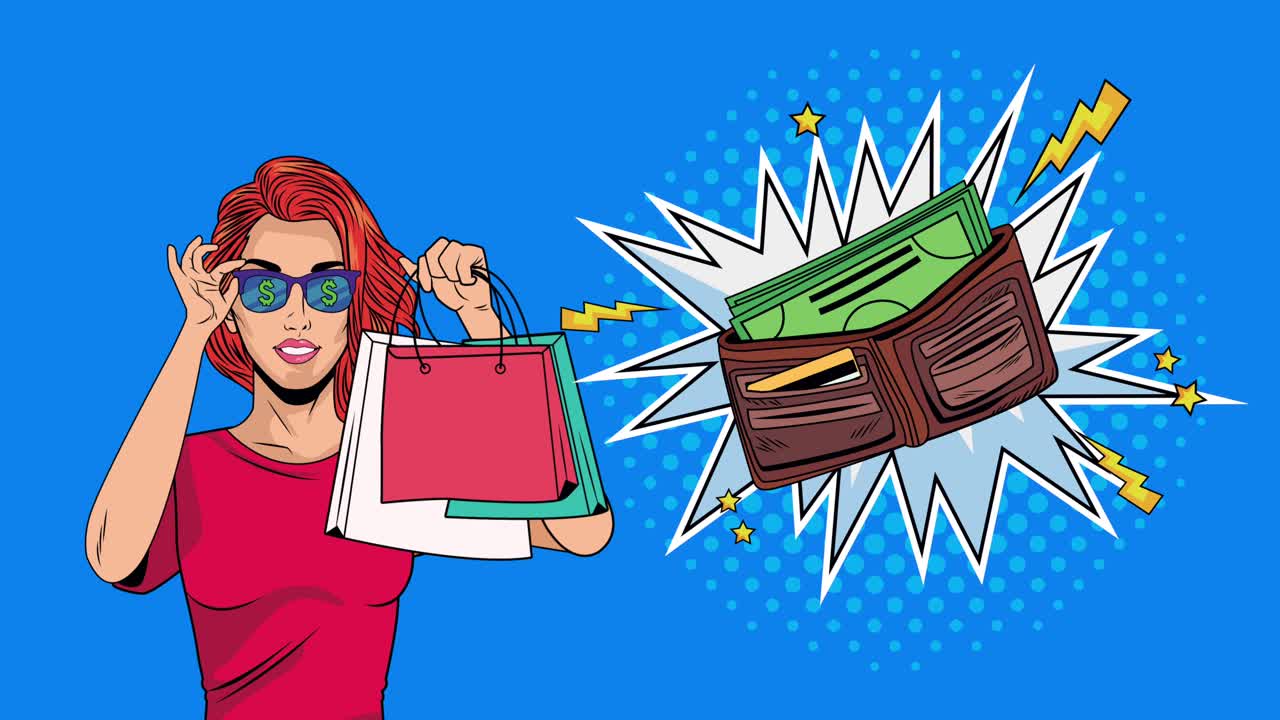 쇼핑 가방과 지갑을 가진 아름다운 여성 팝 아트 스타일