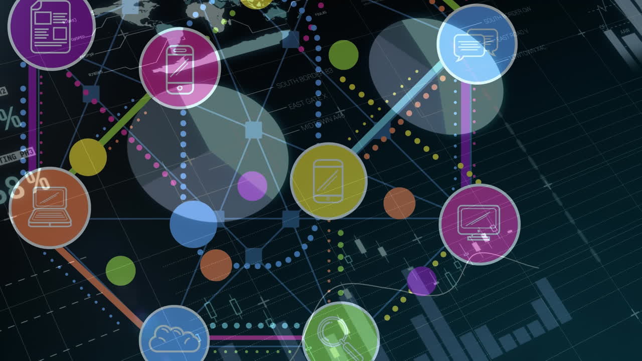 Animation of network of connections with icons and financial data processing