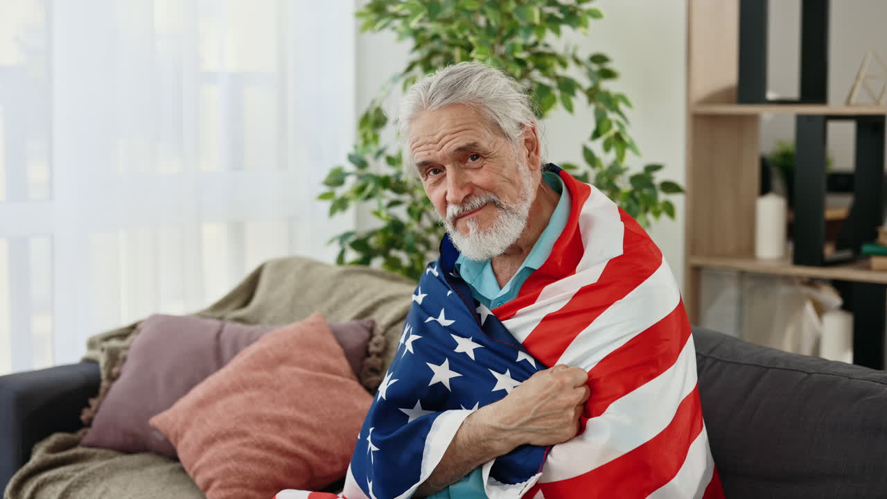 Senior Man Wrapped in American Flag