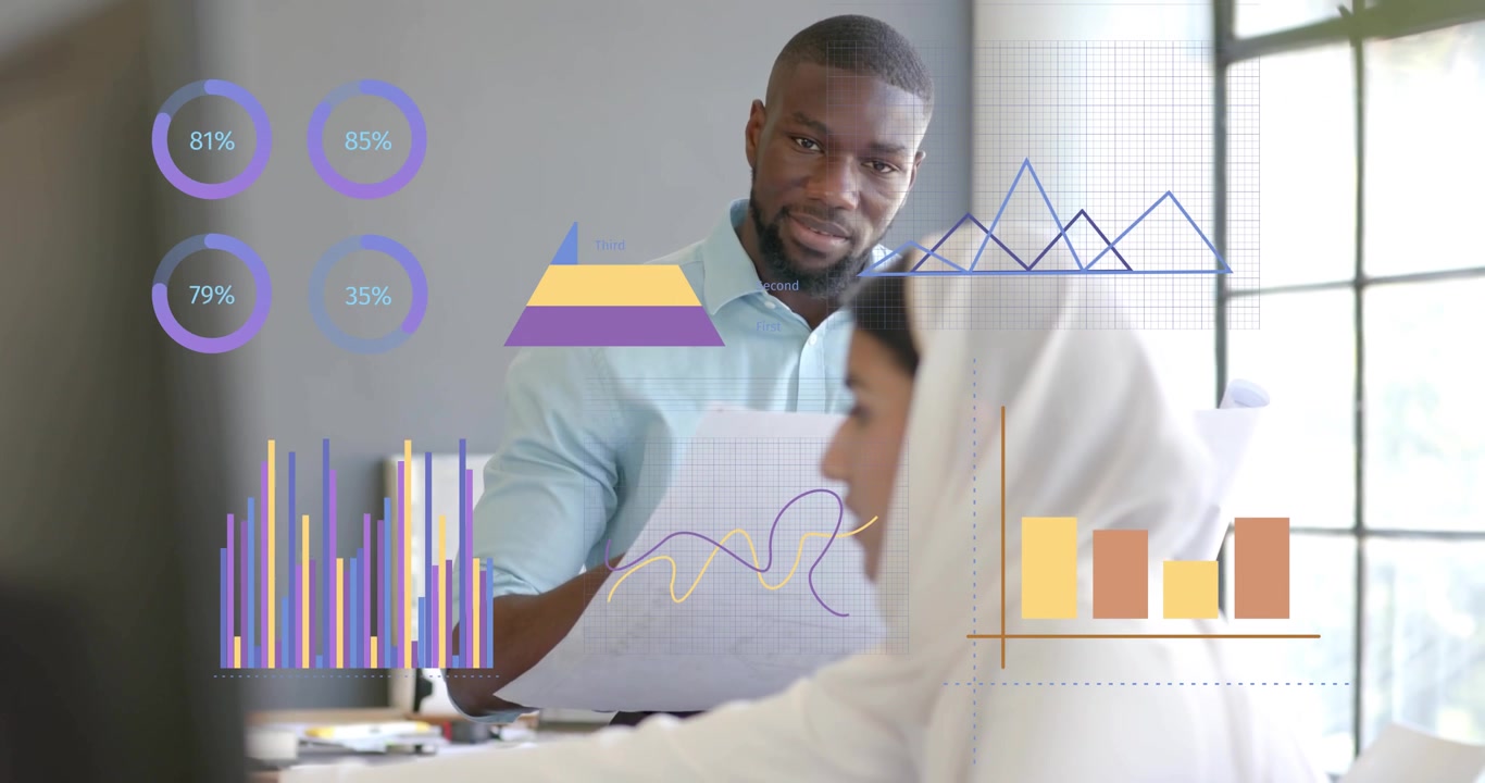 Presenter lifting chart and showing animated pyramid, woman asking then nodding in business meeting