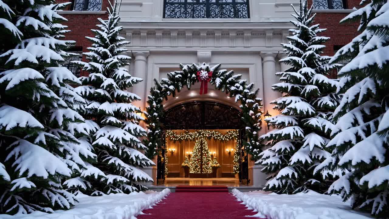 Festive entrance with snow-covered trees and red carpet, shot from a low angle, capturing a warm