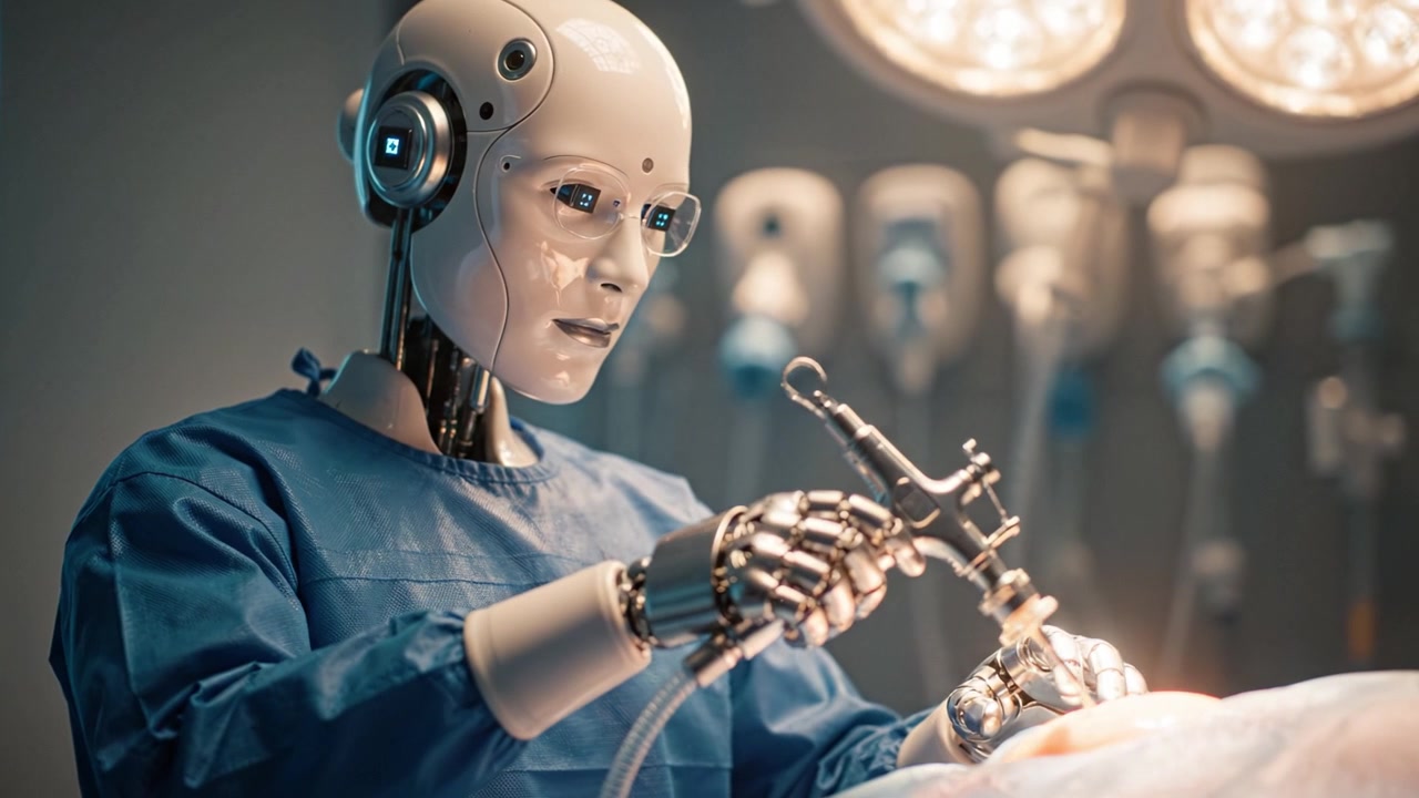 A futuristic surgical robot in a sterile environment meticulously performing a delicate procedure using advanced tools, showcasing technology and healthcare integration.