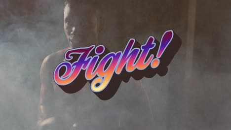 animation of fight text over biracial man exercising with boxing gloves