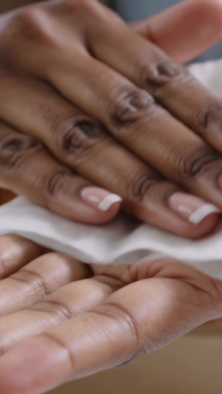 Vertical video: Holding wipe, woman wiping palms and nails to clean on counter, French tips