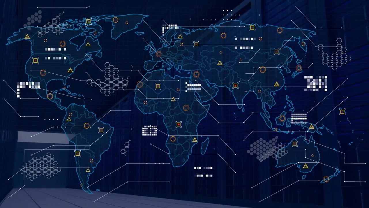 Animation of world map and digital data processing over computer servers
