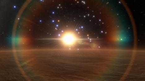 Space-graphic-sequence-with-rainbow-lens-flare,-stars-and-central-light-focus-point