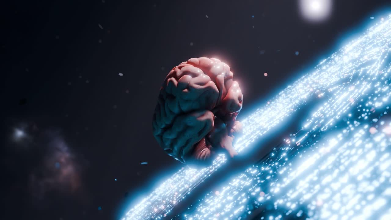 Human brain floating above glowing digital surface in dark space. Artificial intelligence and neural network concept. Design for poster, banner, wallpaper, header