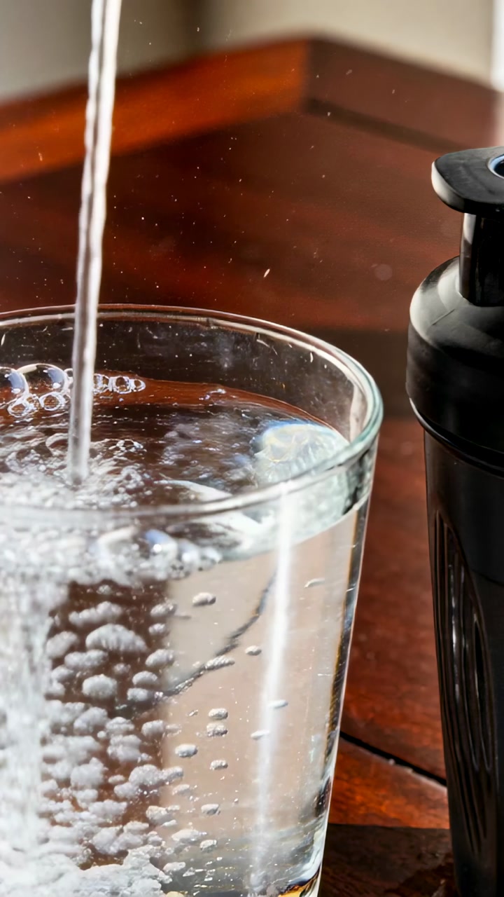 Refreshing Water Being Poured into a Clear Glass