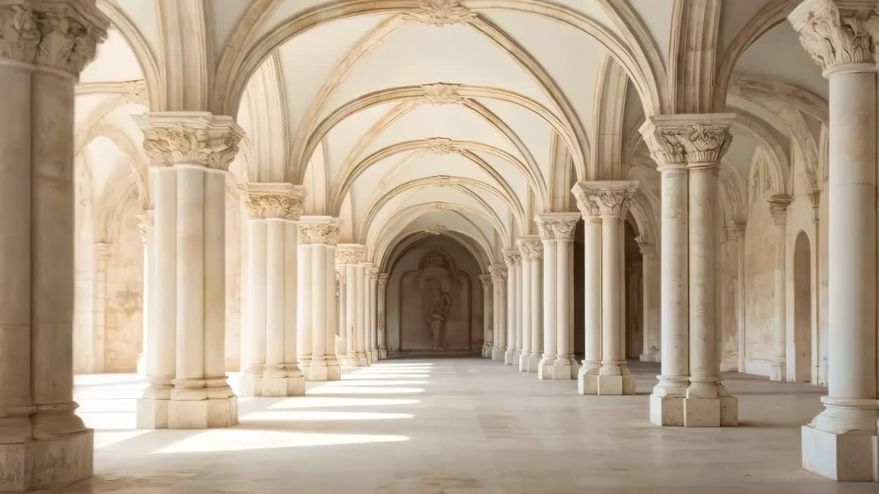Un video che mostra un corridoio maestoso e simmetrico con colonne e archi in marmo.
