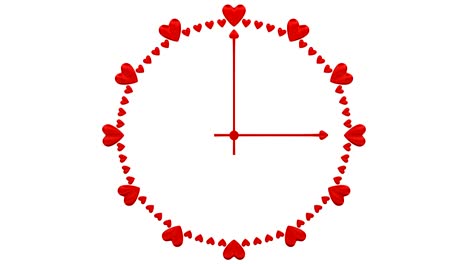 animation of timelapse of clock face with heart shape signs.