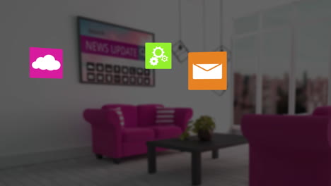 animación de iconos de medios sobre el interior de la casa con televisión