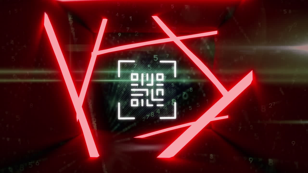 animación digital de código qr rojo neón y líneas brillantes sobre filas de números cambiantes