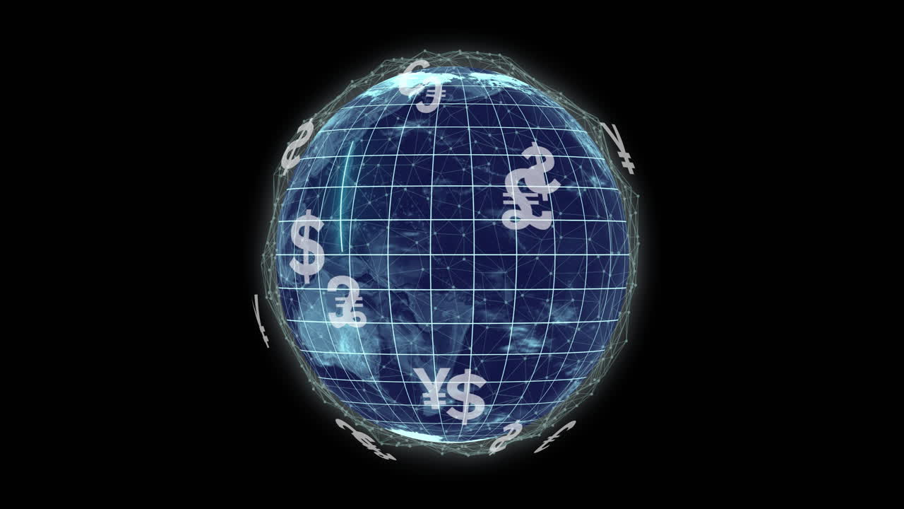 Animazione di globo di connessioni con simboli di valuta su sfondo nero