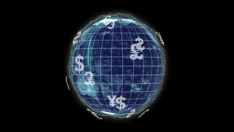 Animation-of-globe-of-connections-with-currency-symbols-on-black-background