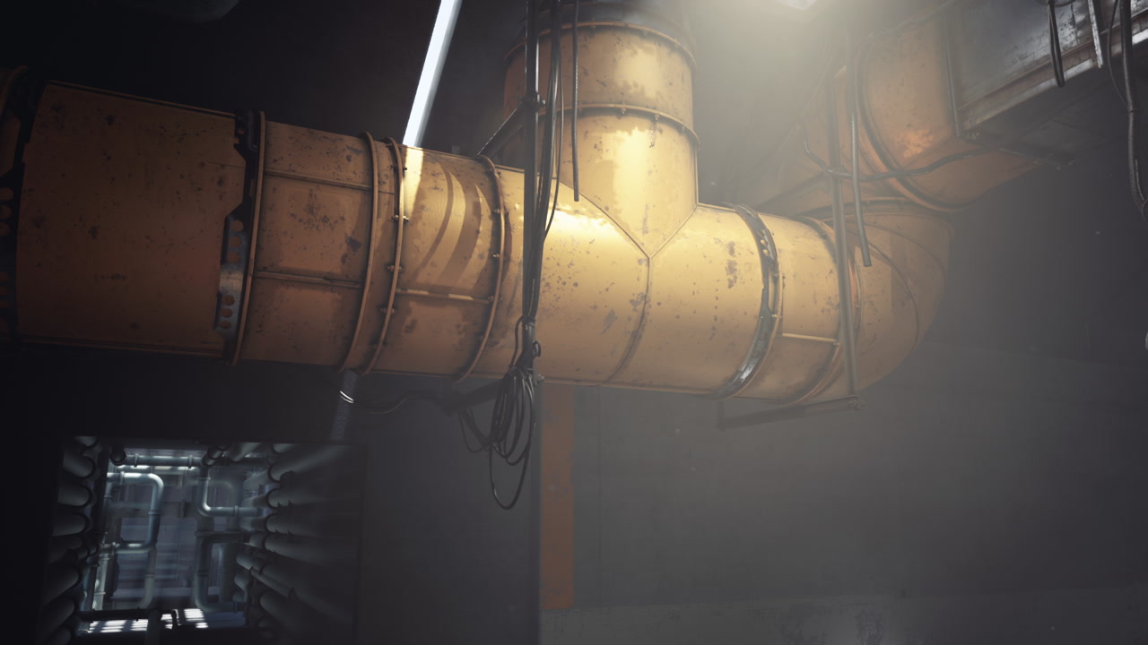 Industrial pipes create an atmospheric setting in a dimly lit corridor