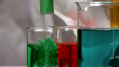 scientist mixing and pouring liquid into beaker