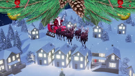 santa claus flying with reindeer over snowy village, christmas animation