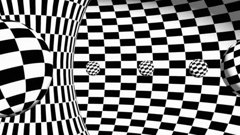 Schwarz-weiß-Karierte-3D-Animation,-Weißes-Schwarzes-Quadratmuster,-Spiralförmig-Fliegende-Bälle,-Nahtlose-Schleife,-Visueller-Sehtrick,-Hypnotische-Animierte-Bilder