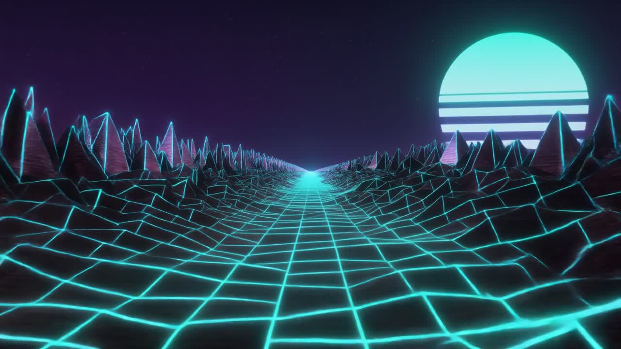Sobrevolando un paisaje de cuadrícula retro Synthwave con sol de neón