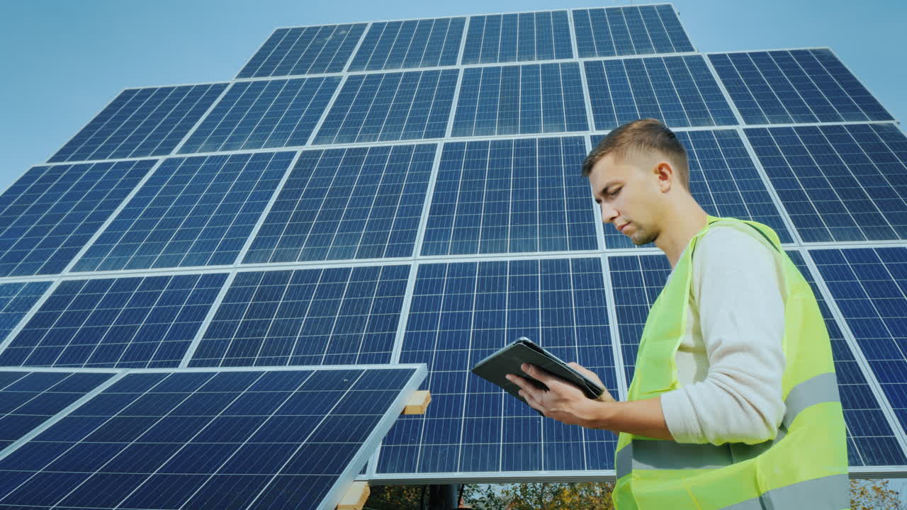 A Worker Uses A Tablet In A Large Ground-Based Solar Panel Alternative Energy
