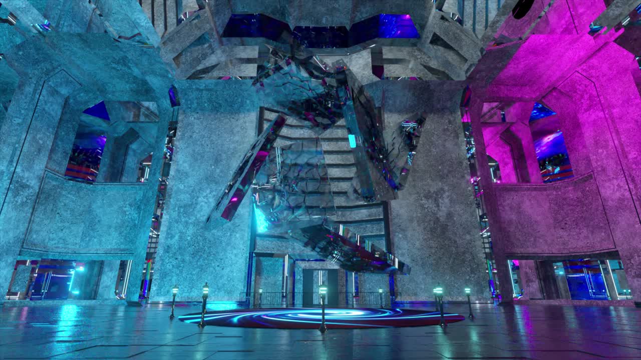 거울 큐브는 무중력 상태에서 변환됩니다. 파란색, 분홍색, 3d 애니메이션, 원활한 루프.