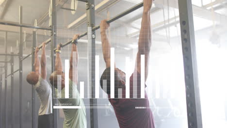 animación del procesamiento de datos en el gráfico sobre diversos grupos masculinos de entrenamiento cruzado en el gimnasio haciendo pull ups