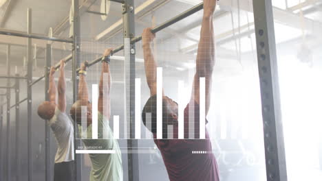 animation of data processing on graph over diverse male group cross training at gym doing pull ups