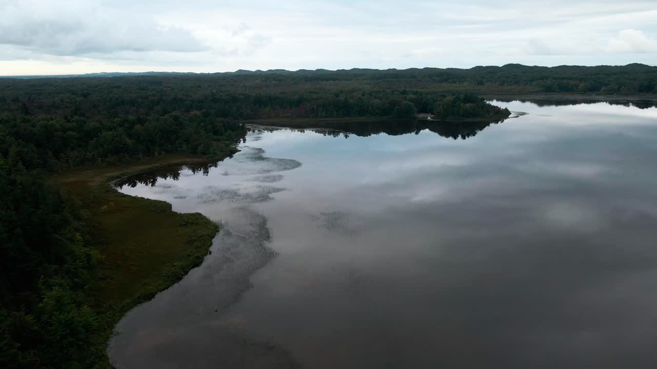 작은 검은 호수 위에 흐린 날