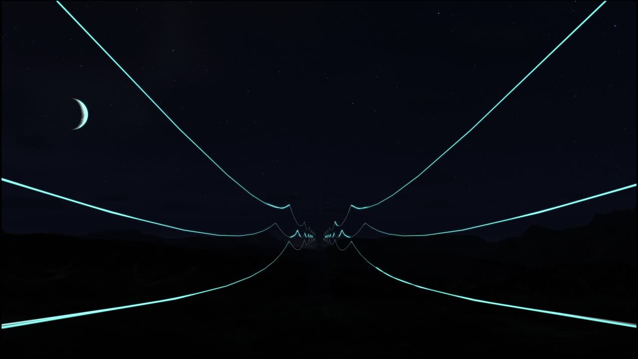 líneas de transmisión de energía con visualización digital 3d de la electricidad. imágenes escénicas con el cielo nocturno lleno de estrellas brillantes. concepto de energía verde renovable y entorno ecológico limpio