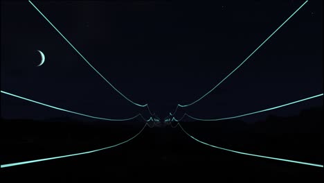 líneas de transmisión de energía con visualización digital 3d de la electricidad. imágenes escénicas con el cielo nocturno lleno de estrellas brillantes. concepto de energía verde renovable y entorno ecológico limpio