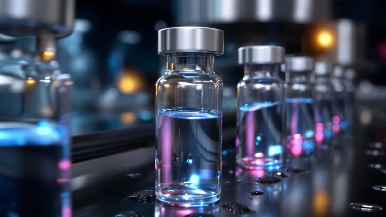 Close-up View of Clear Glass Vials on a Production Line Reflecting Light in a High-Tech Laboratory Setting: Pharmaceutical Bottles in Focus