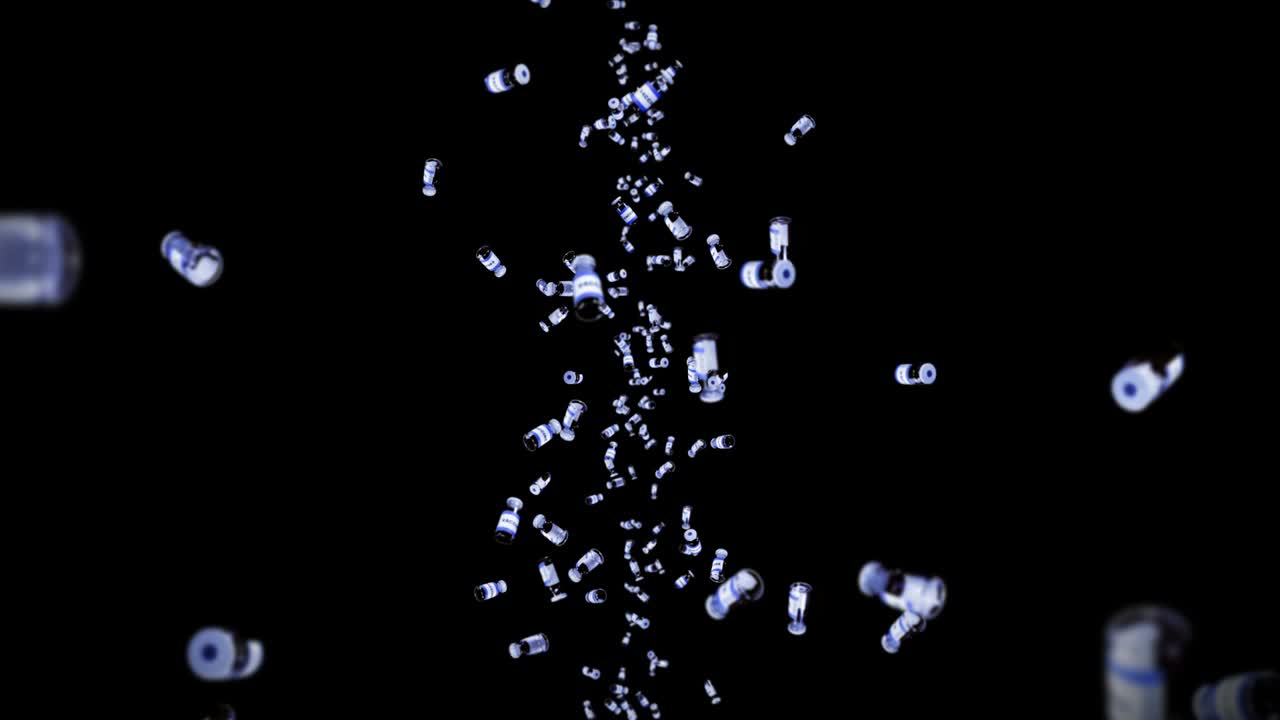 검은색 배경에 많은 백신 병을 날리는 의료 개념 바이러스 치료 투명 액체 백신의 3d 루프 애니메이션