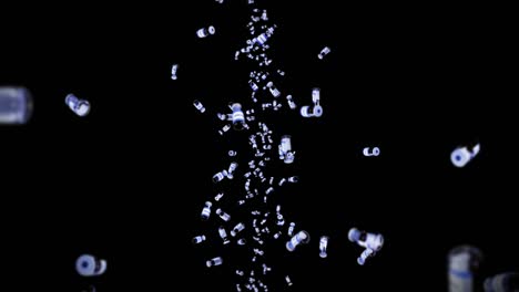 volando muchas botellas de vacunas en fondo negro. concepto médico. cura de virus. líquido transparente. animación de bucle 3d de vacunas.