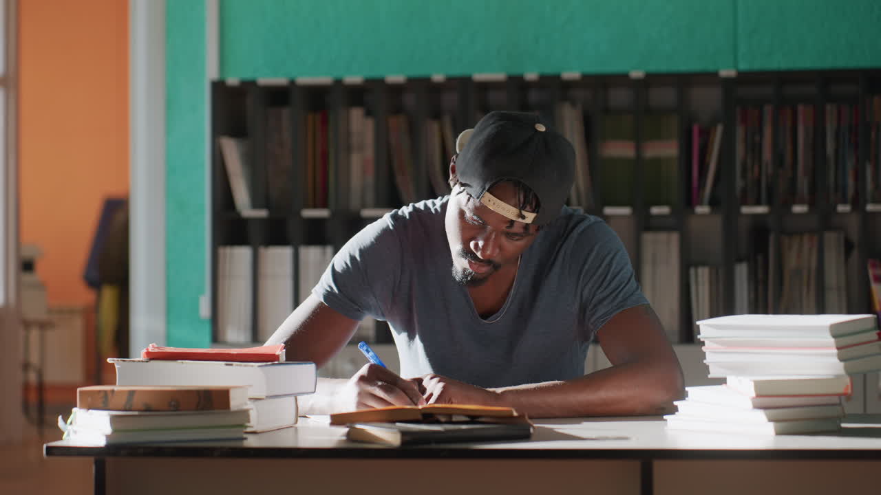Academician wearing cap sits at library table surrounded by books, writing notes with pen, teal and orange walls and organized shelves in background