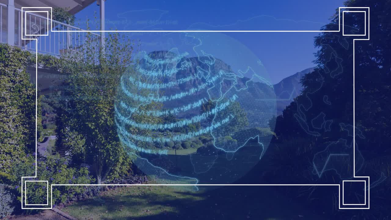 Corner marker appearing and border drawing, blue globe pulsing, bands sweeping for visualizing data