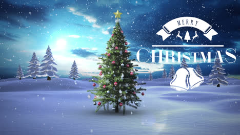 Animation-of-christmas-greetings-over-winter-landscape-background-with-christmas-tree